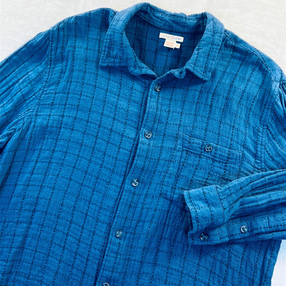 Carbon2Cobalt Mens Large Blue Textured Double Cloth Gauze Button Down Shirt L